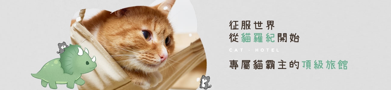 三重貓羅紀純貓旅館品牌主視覺，橘貓慵懶入鏡，結合恐龍插畫，打造專屬貓咪的頂級住宿與寄宿服務
